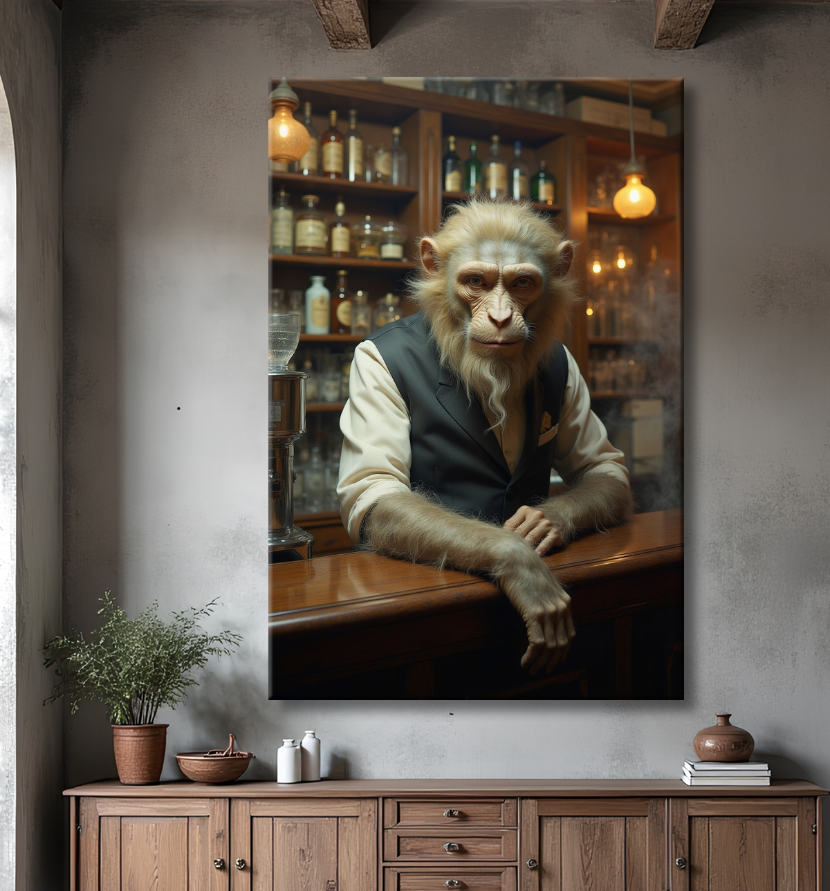 Tableau d'un singe serveur de bar ! avec decor