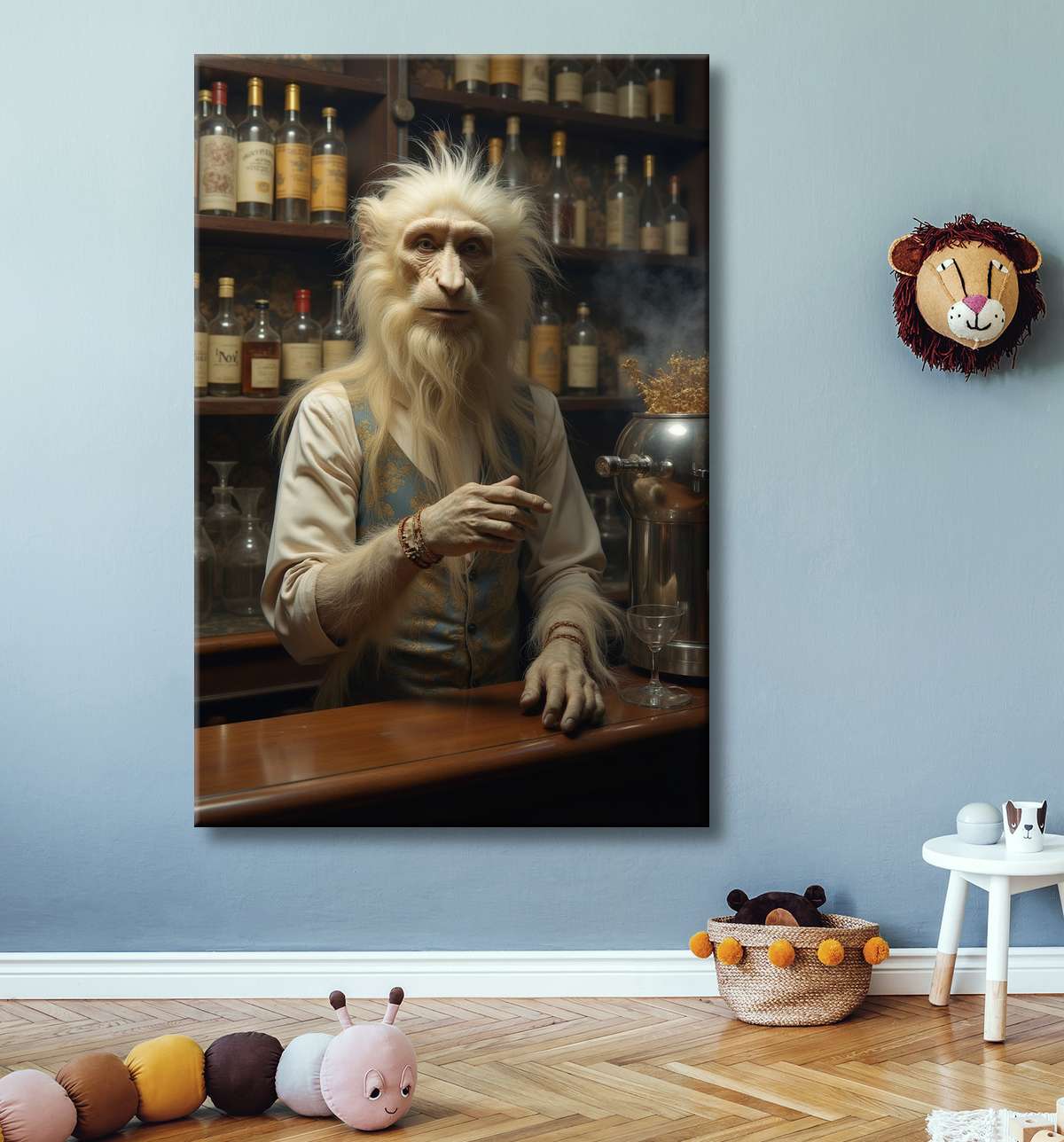 Tableau d'un singe serveur de bar ! avec decor
