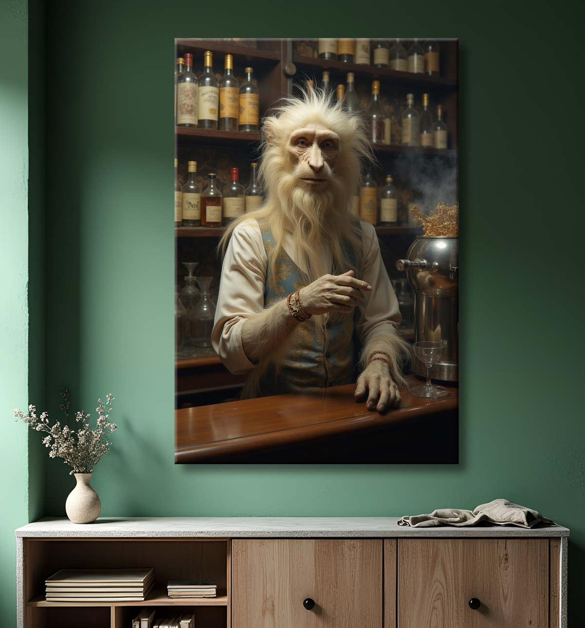 Tableau d'un singe serveur de bar ! avec decor