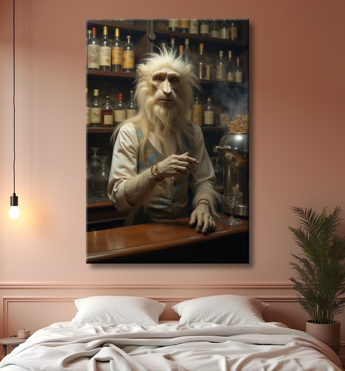 Tableau d'un singe serveur de bar ! avec decor