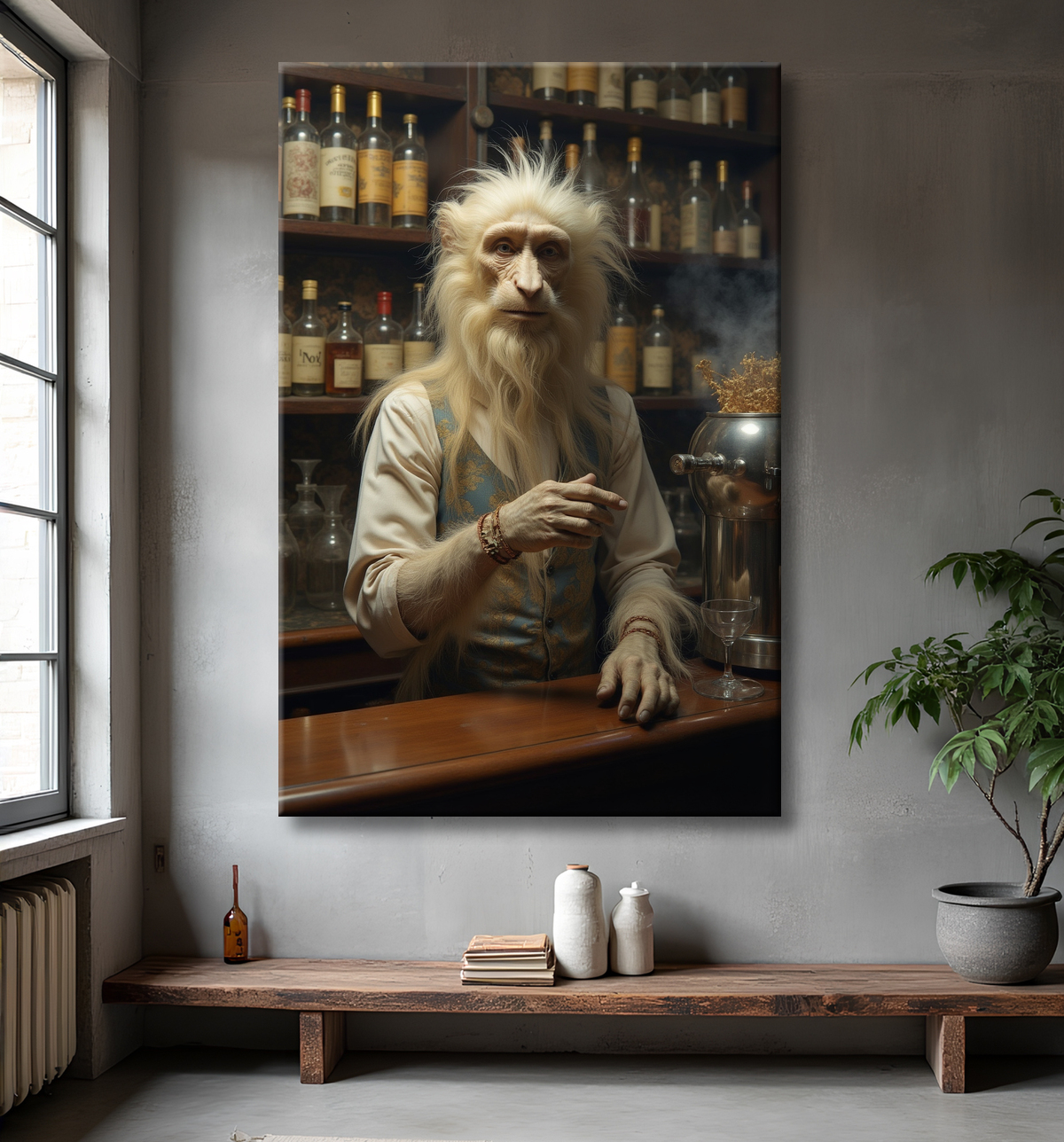 Tableau d'un singe serveur de bar ! avec decor