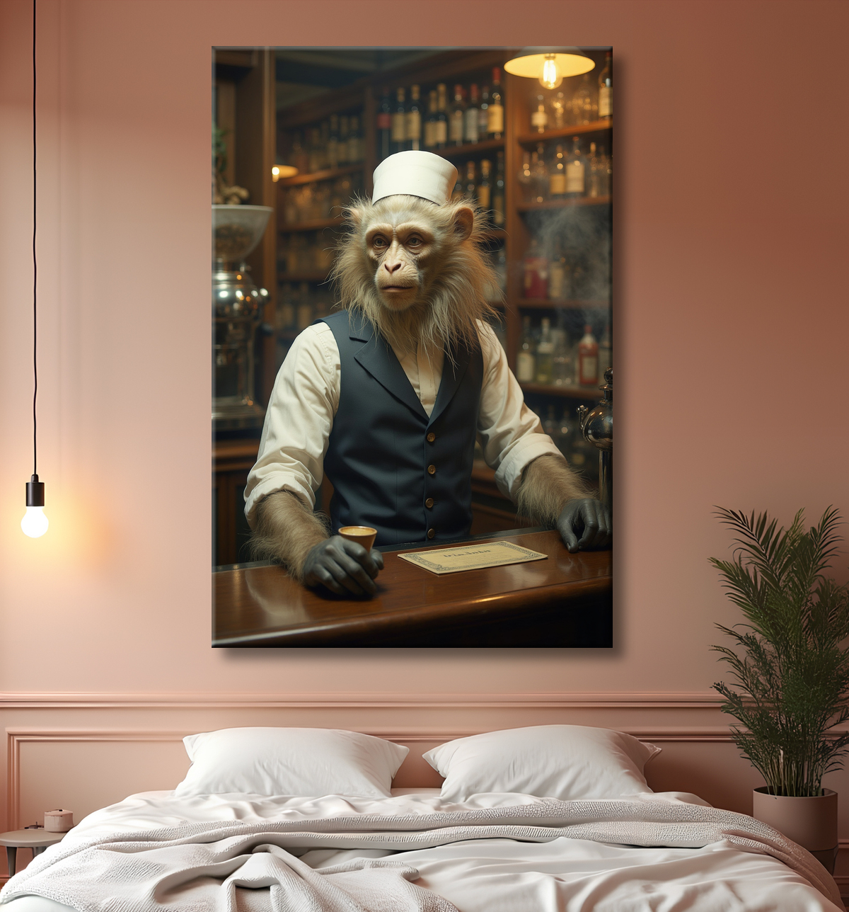Tableau d'un singe serveur de bar ! avec decor