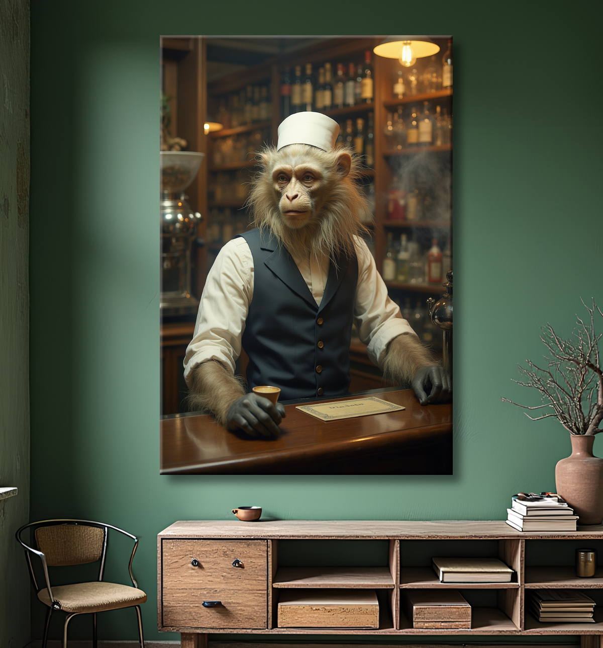 Tableau d'un singe serveur de bar ! avec decor