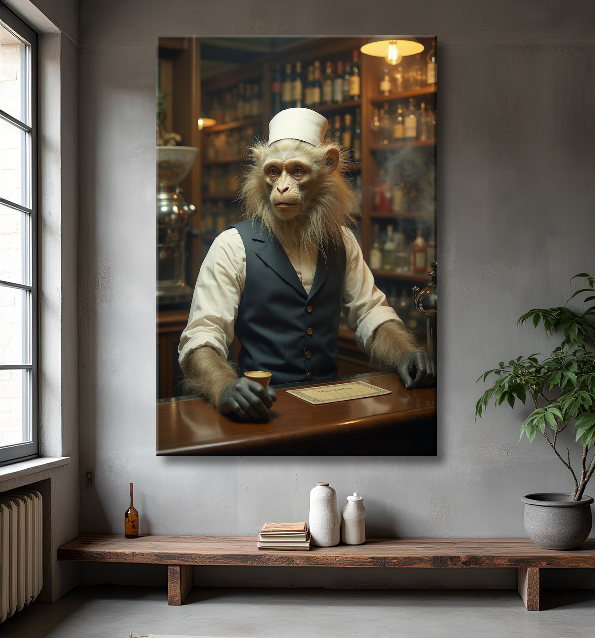 Tableau d'un singe serveur de bar ! avec decor