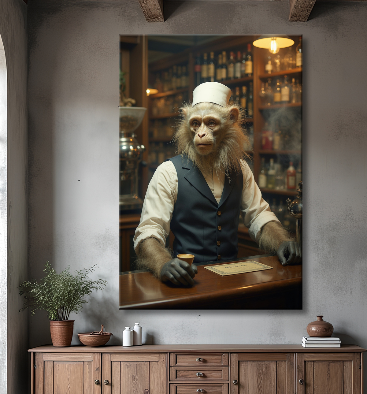 Tableau d'un singe serveur de bar ! avec decor