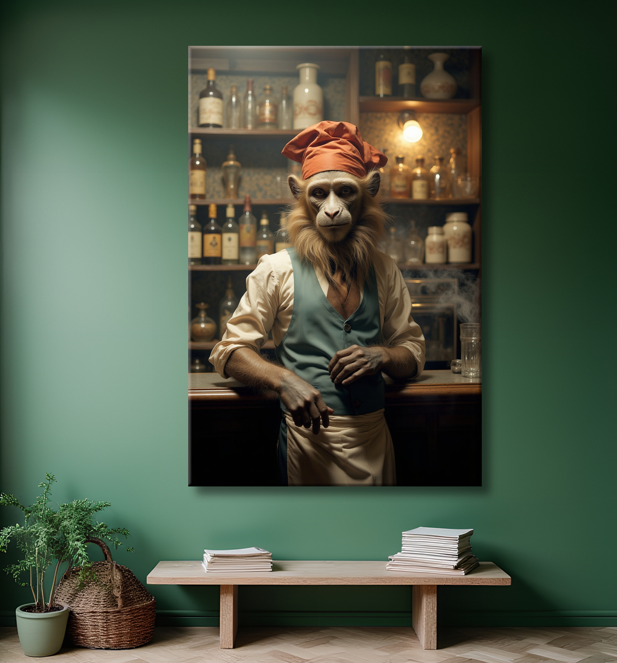 Tableau d'un singe serveur de bar ! avec decor