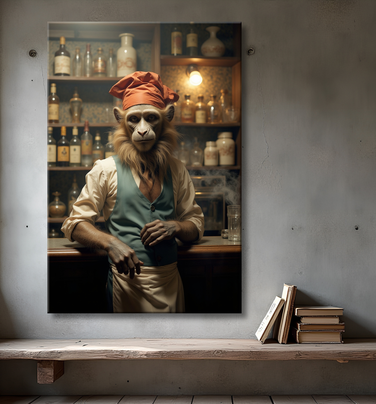 Tableau d'un singe serveur de bar ! avec decor