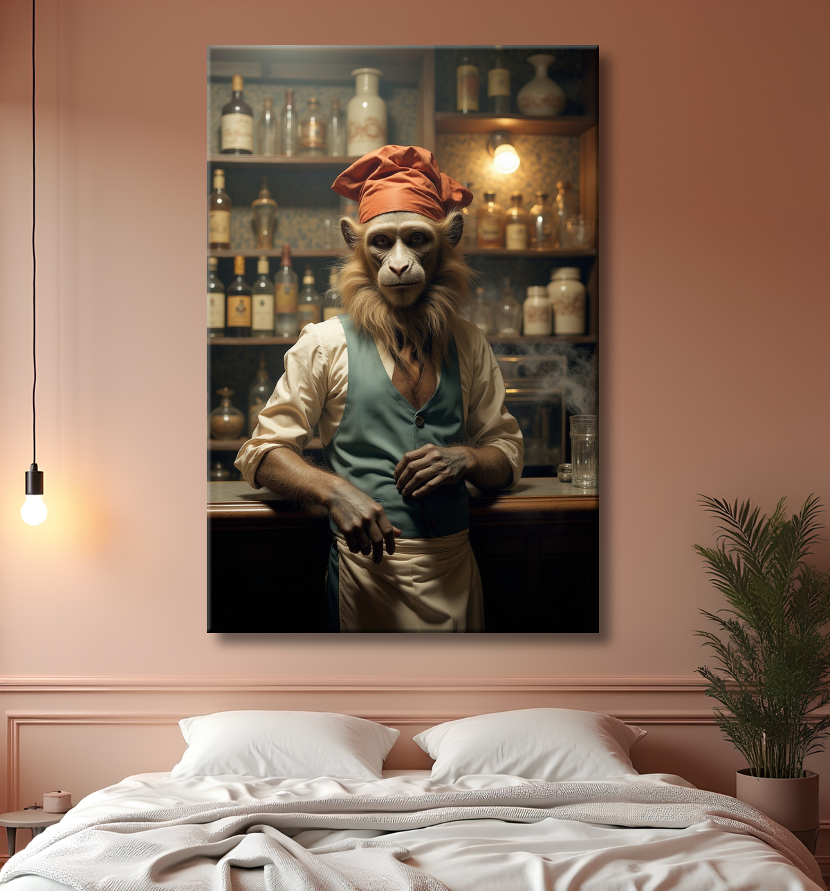 Tableau d'un singe serveur de bar ! avec decor