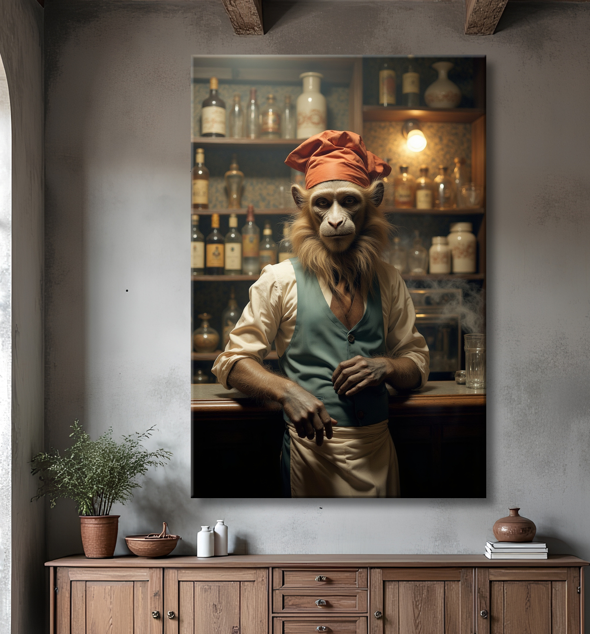 Tableau d'un singe serveur de bar ! avec decor