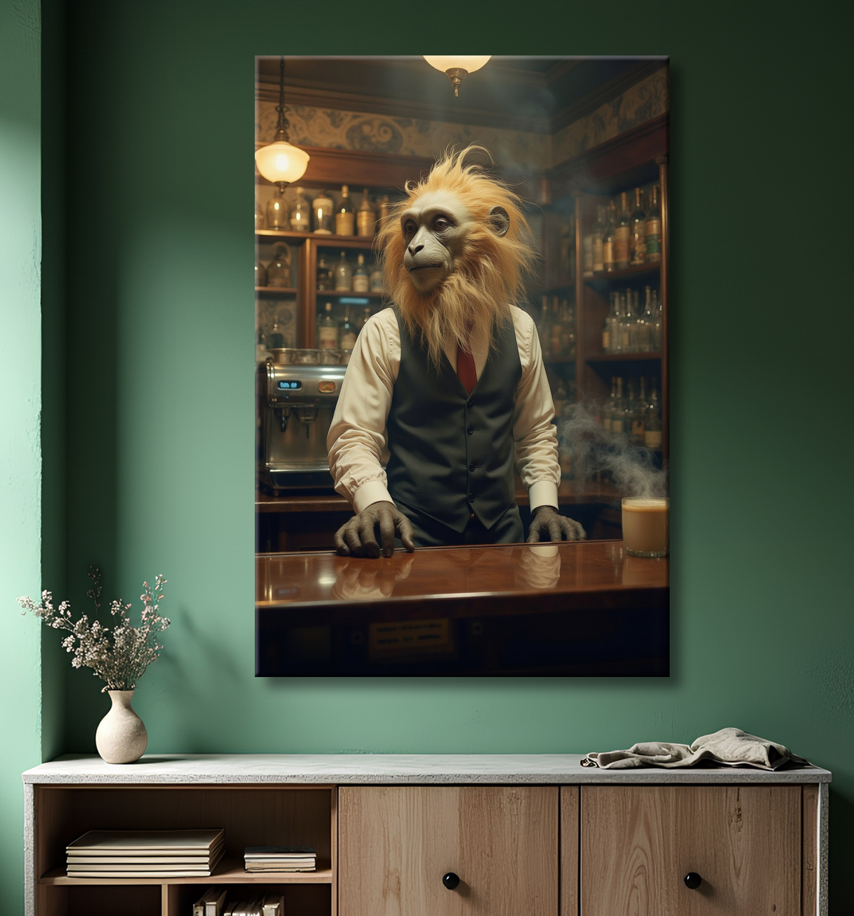 Tableau d'un singe serveur de bar ! avec decor