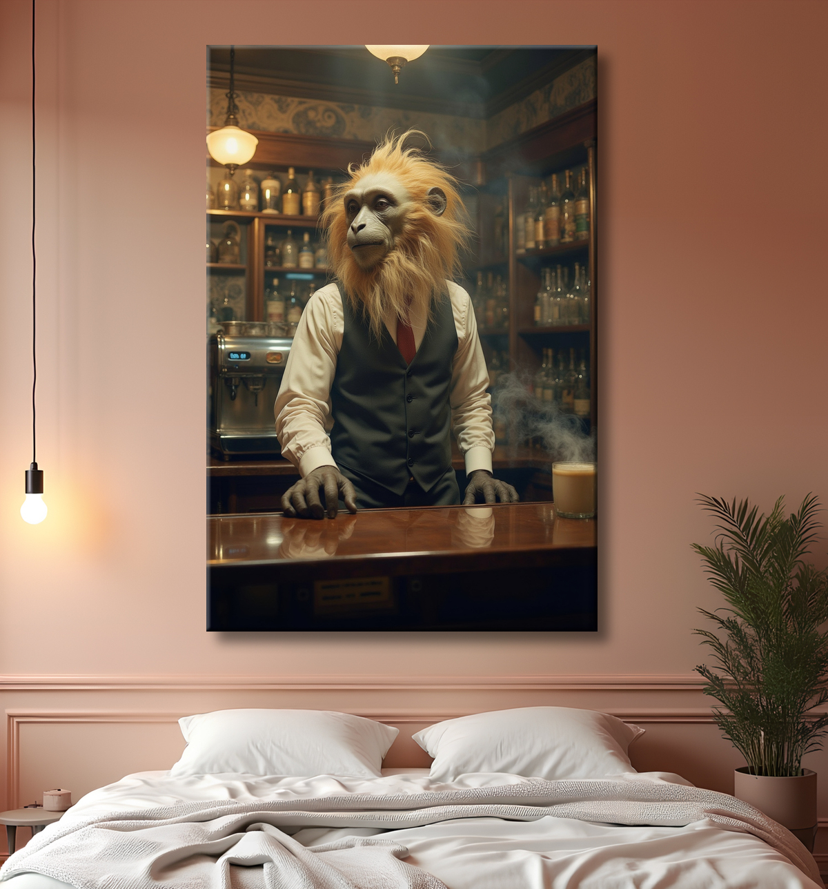 Tableau d'un singe serveur de bar ! avec decor