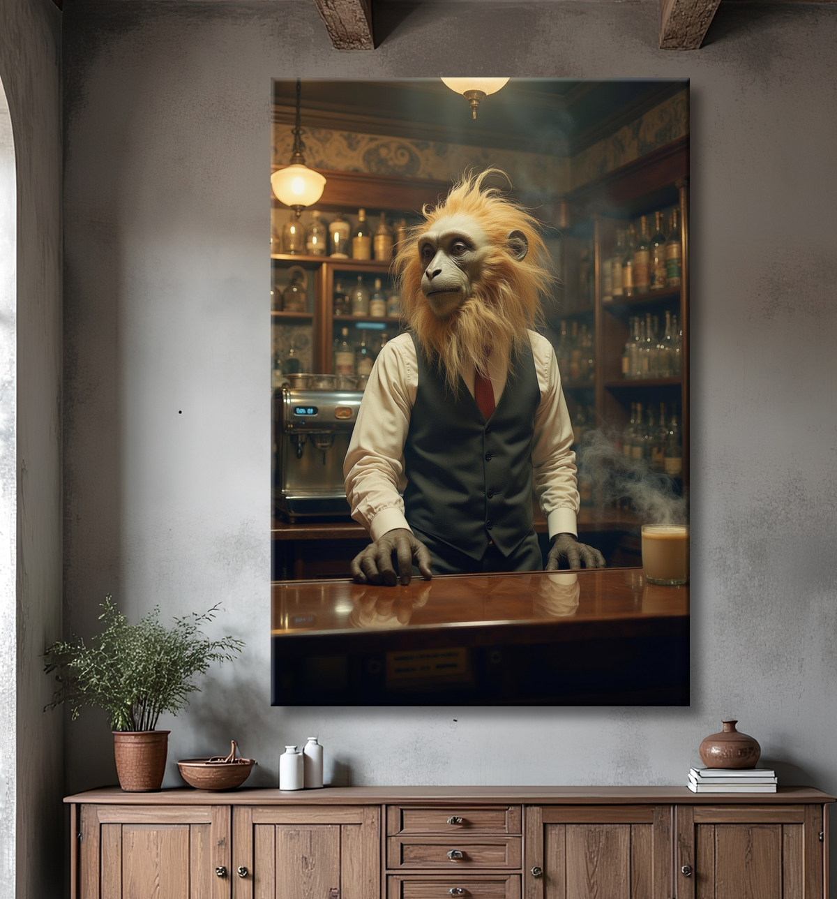 Tableau d'un singe serveur de bar ! avec decor