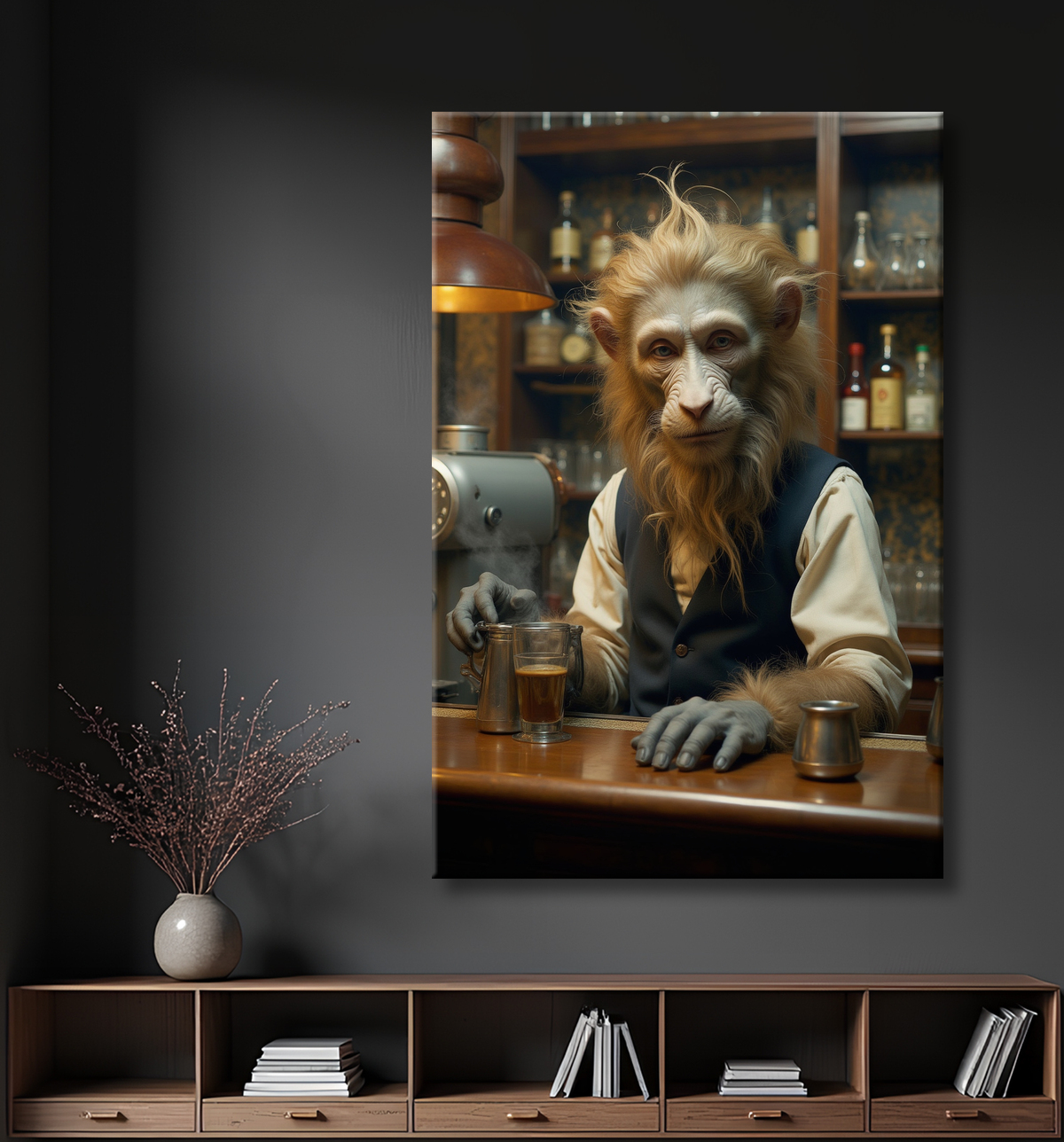 Tableau d'un singe serveur de bar ! avec decor