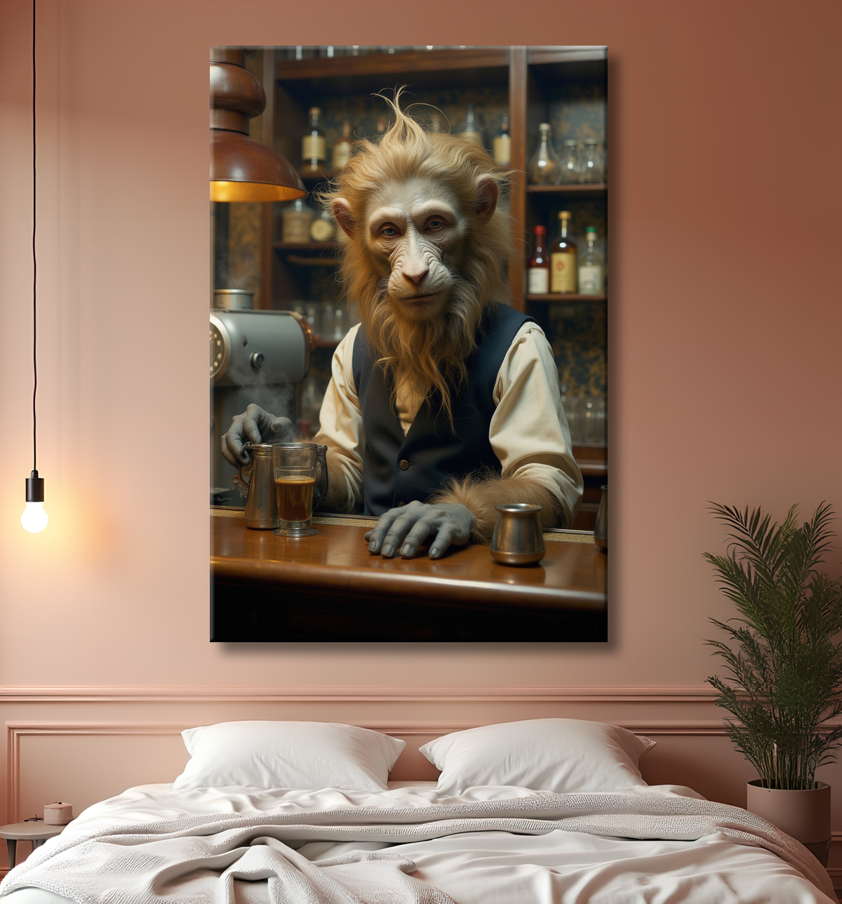 Tableau d'un singe serveur de bar ! avec decor