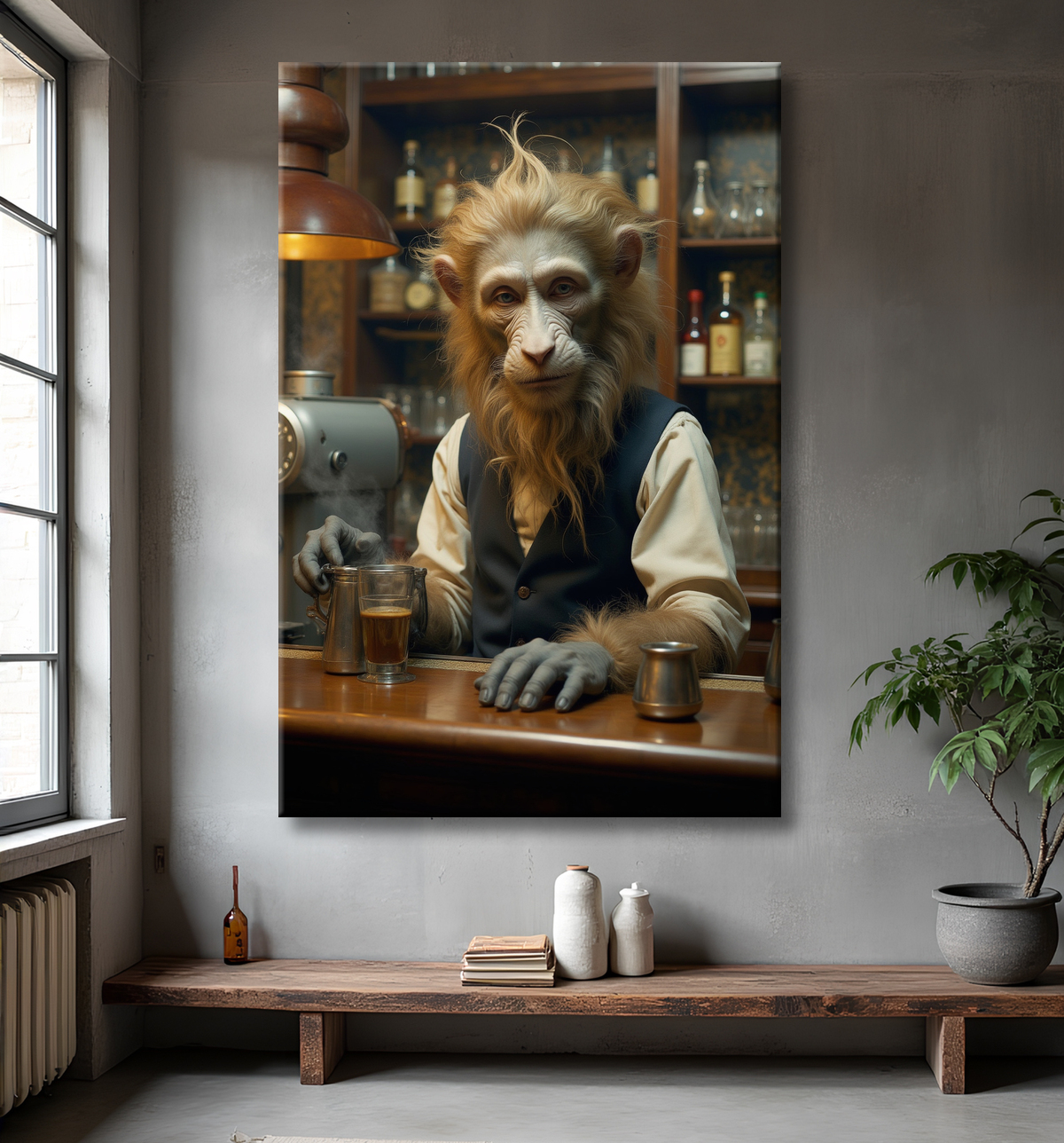 Tableau d'un singe serveur de bar ! avec decor