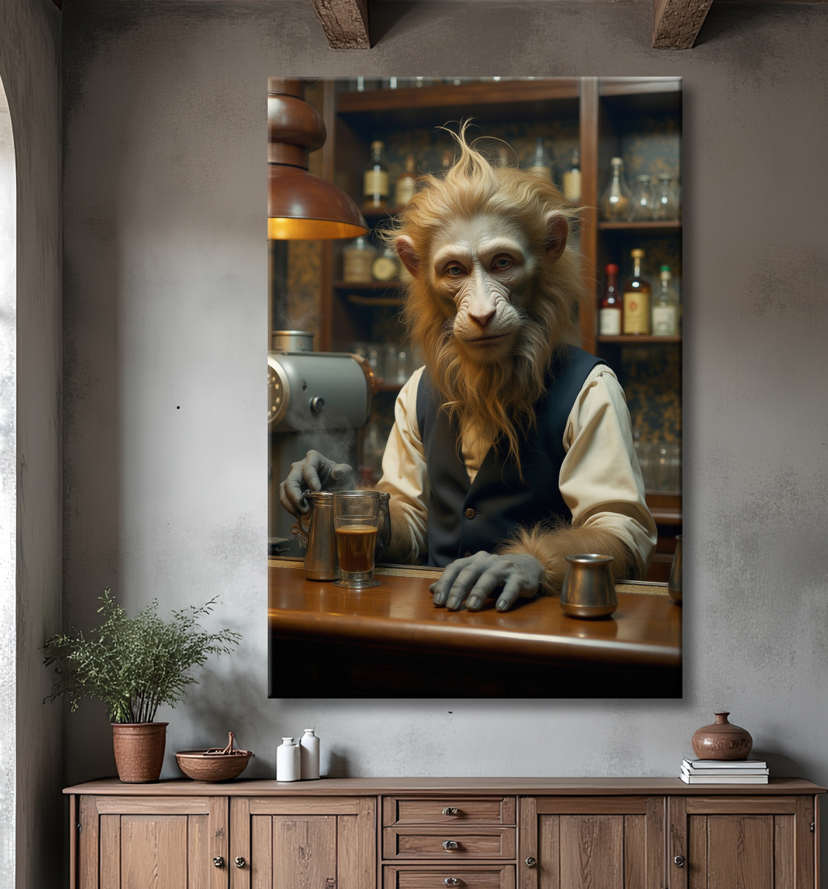 Tableau d'un singe serveur de bar ! avec decor