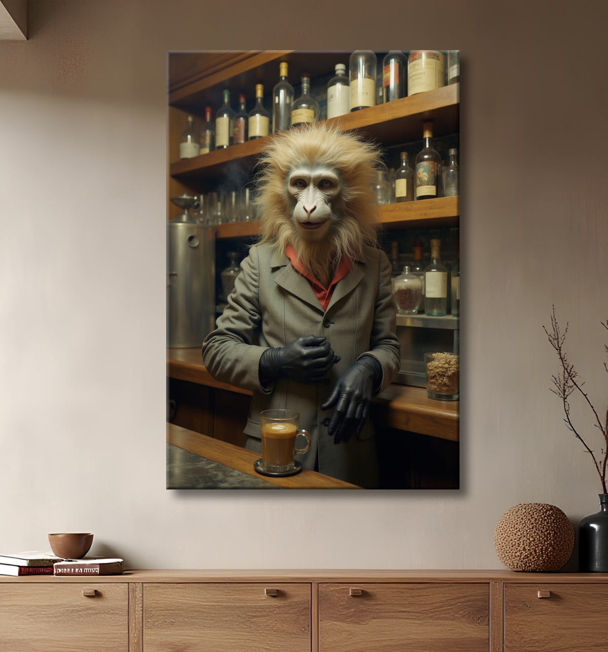 Tableau d'un singe serveur de bar ! avec decor