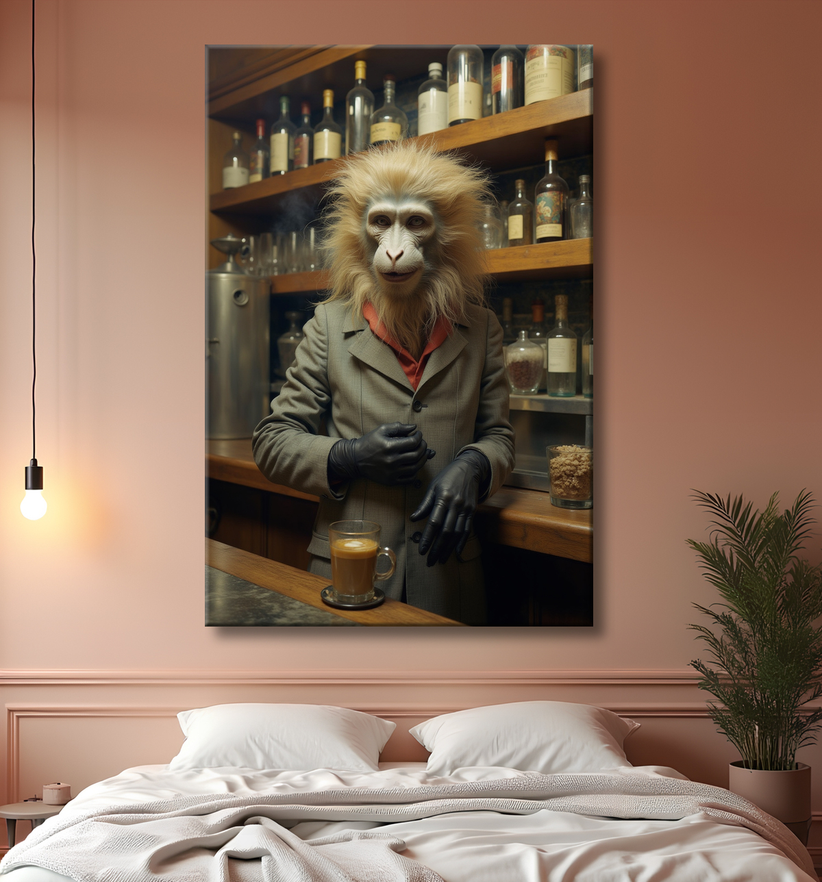 Tableau d'un singe serveur de bar ! avec decor