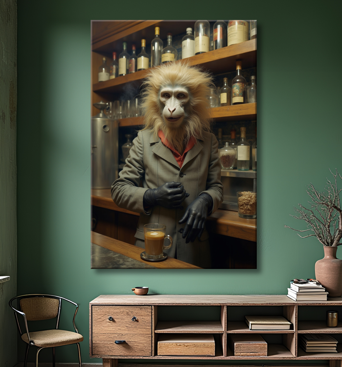 Tableau d'un singe serveur de bar ! avec decor