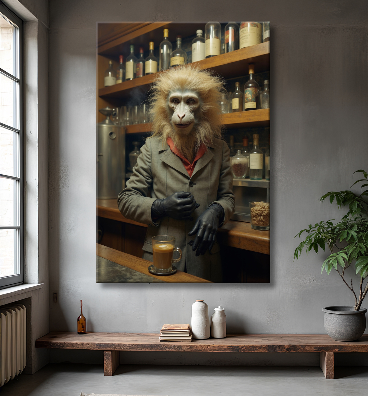 Tableau d'un singe serveur de bar ! avec decor