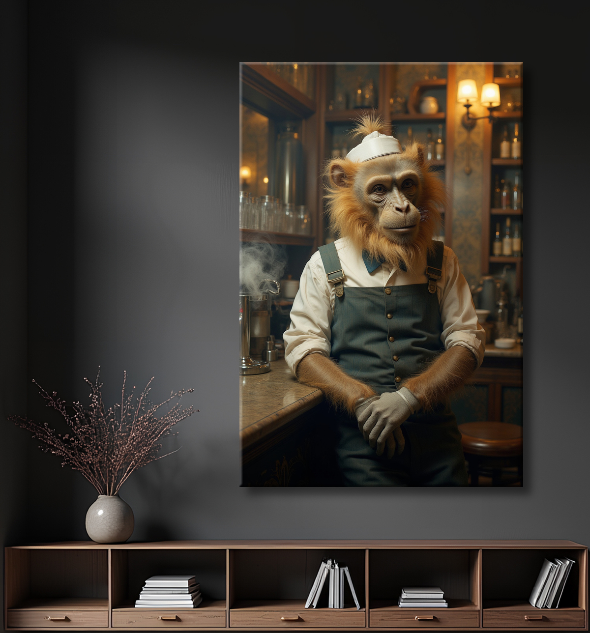 Tableau d'un singe serveur de bar ! avec decor