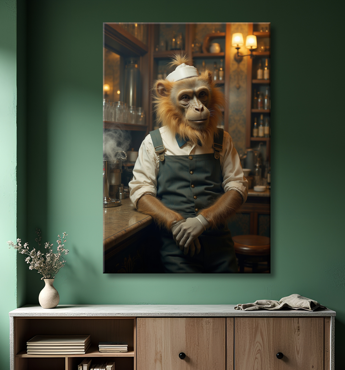 Tableau d'un singe serveur de bar ! avec decor