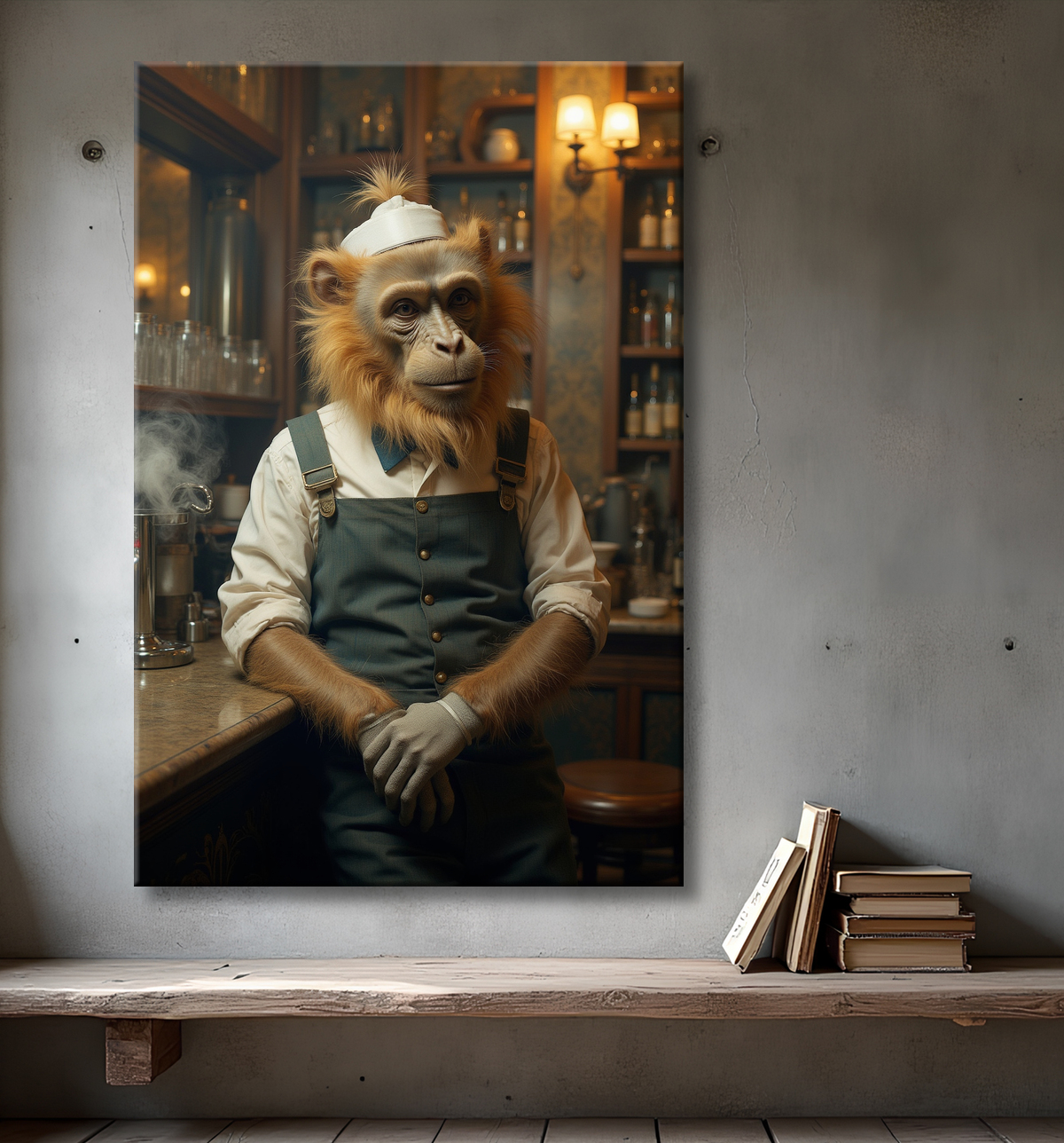 Tableau d'un singe serveur de bar ! avec decor