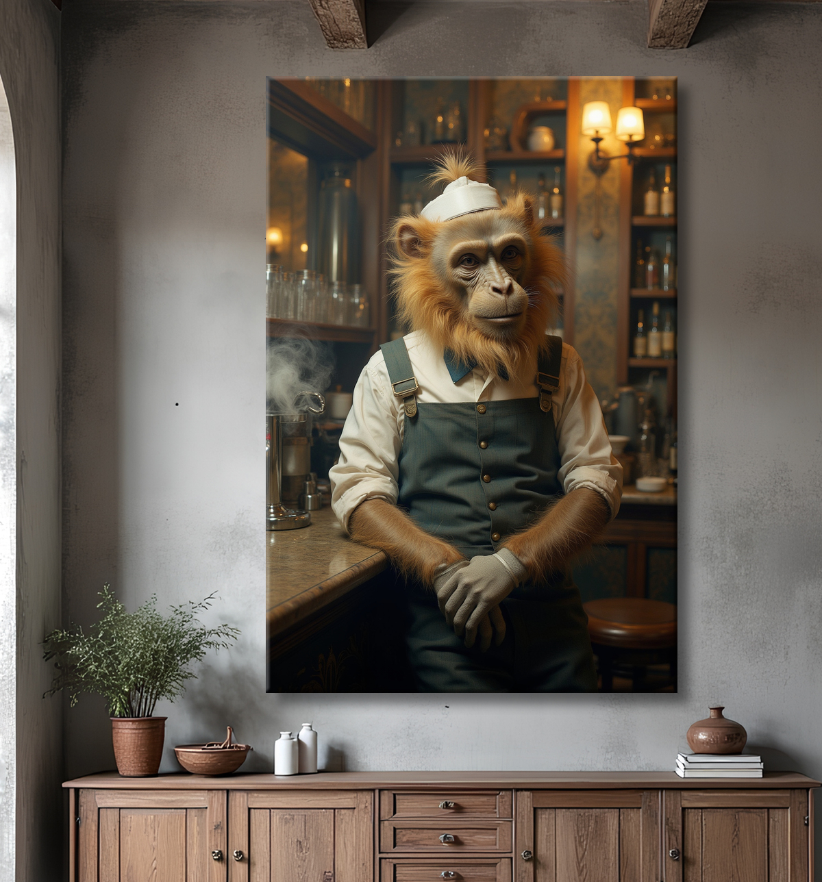 Tableau d'un singe serveur de bar ! avec decor