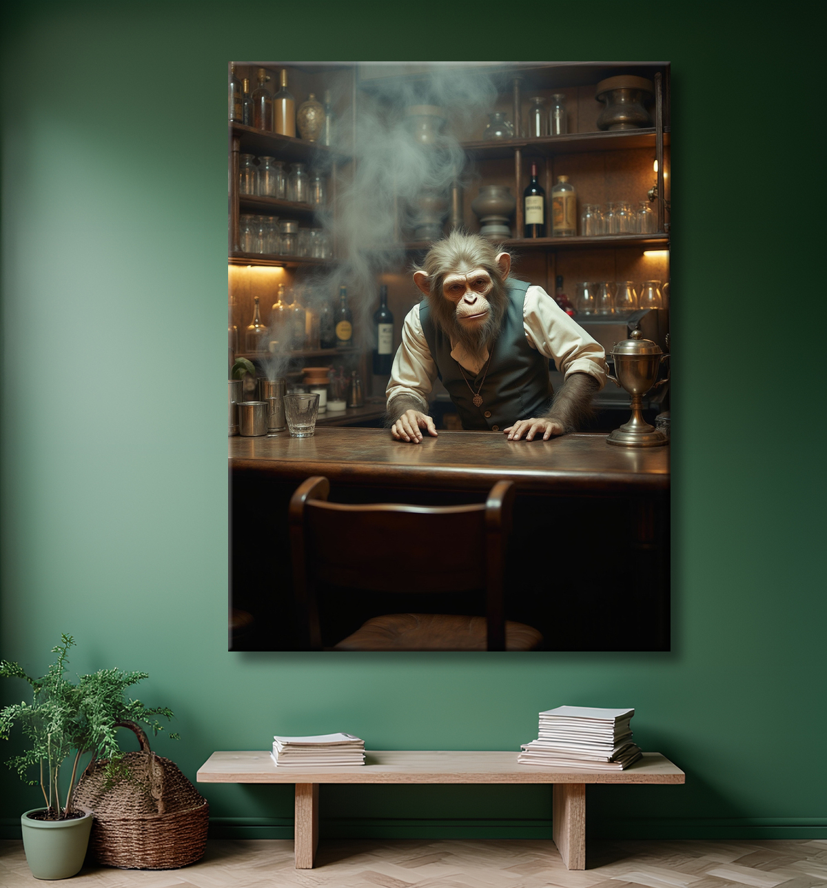 Tableau d'un singe serveur de bar ! avec decor