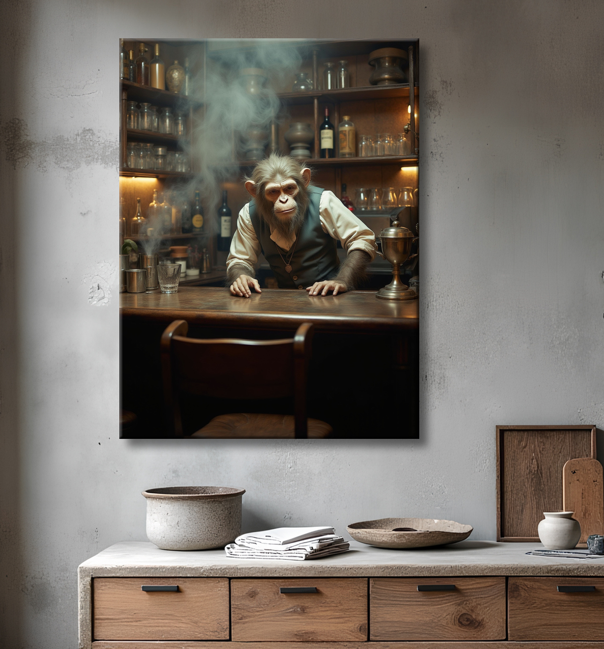 Tableau d'un singe serveur de bar ! avec decor