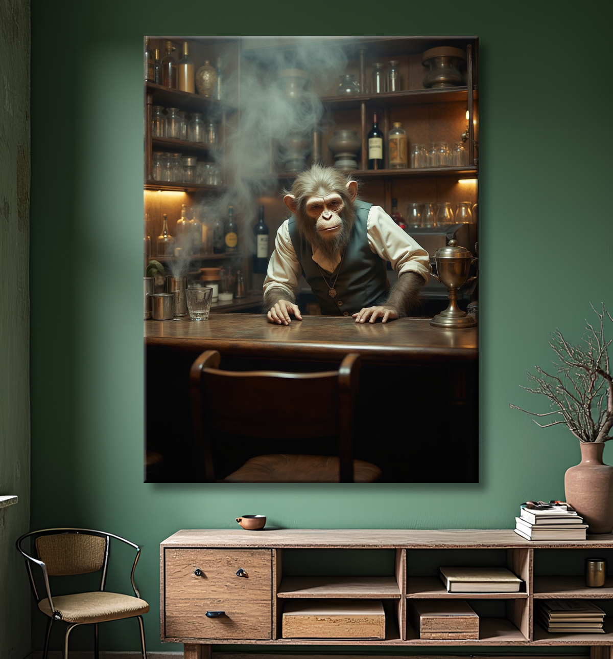 Tableau d'un singe serveur de bar ! avec decor