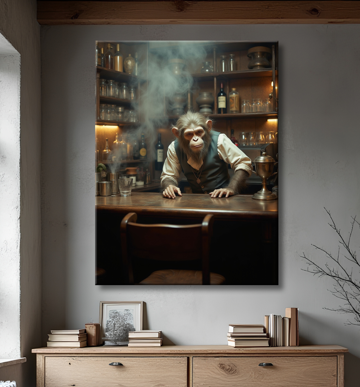Tableau d'un singe serveur de bar ! avec decor