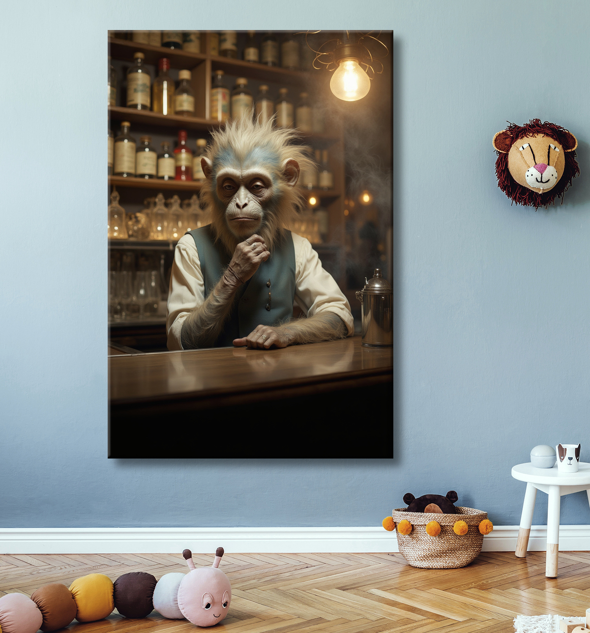 Tableau d'un singe serveur de bar ! avec decor