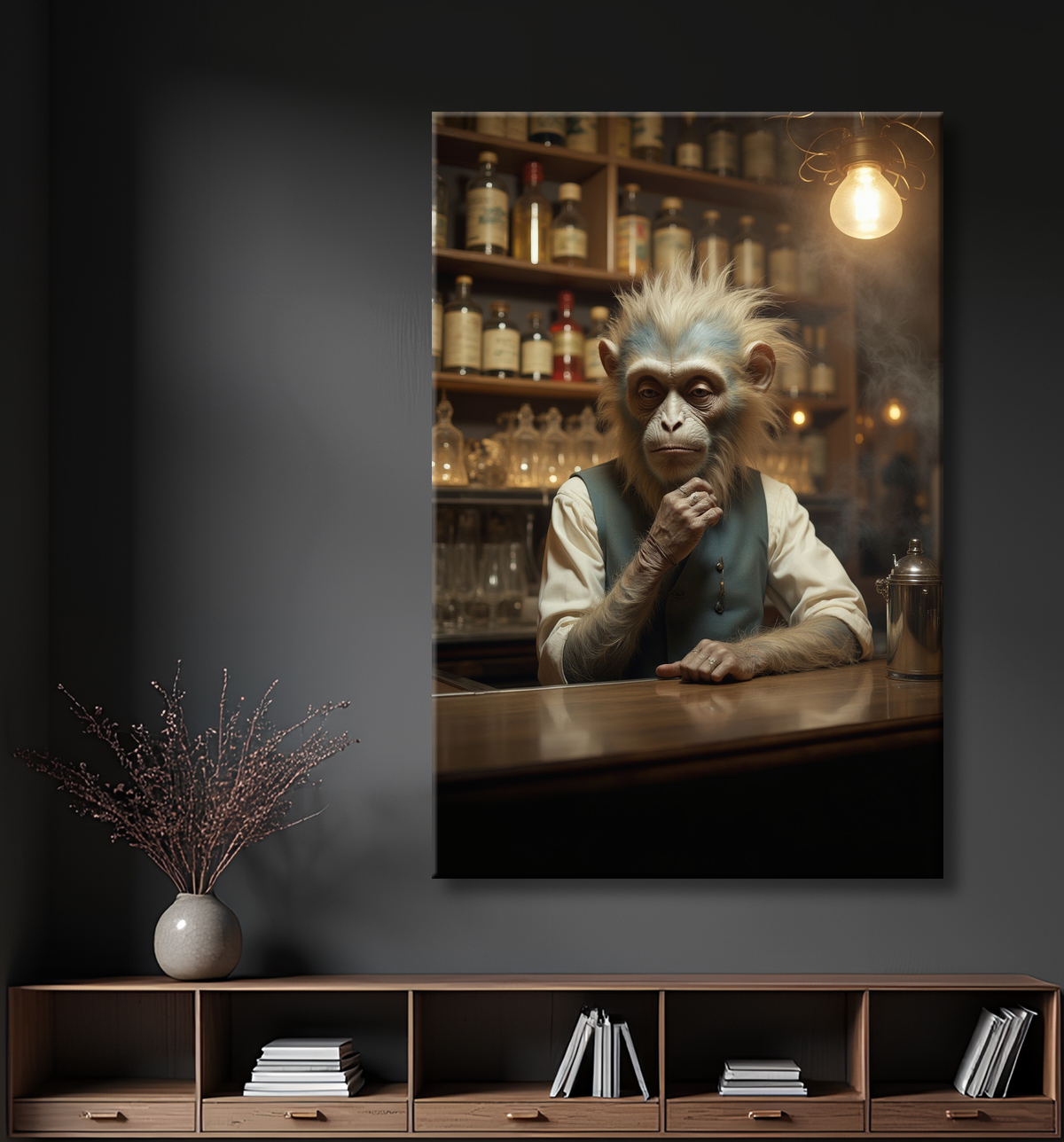 Tableau d'un singe serveur de bar ! avec decor