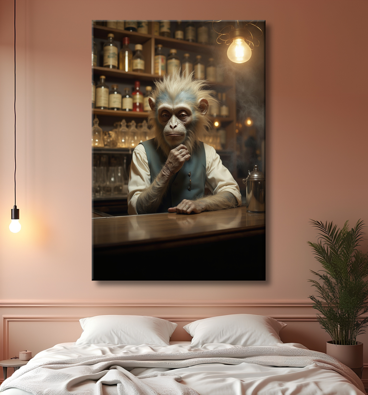 Tableau d'un singe serveur de bar ! avec decor