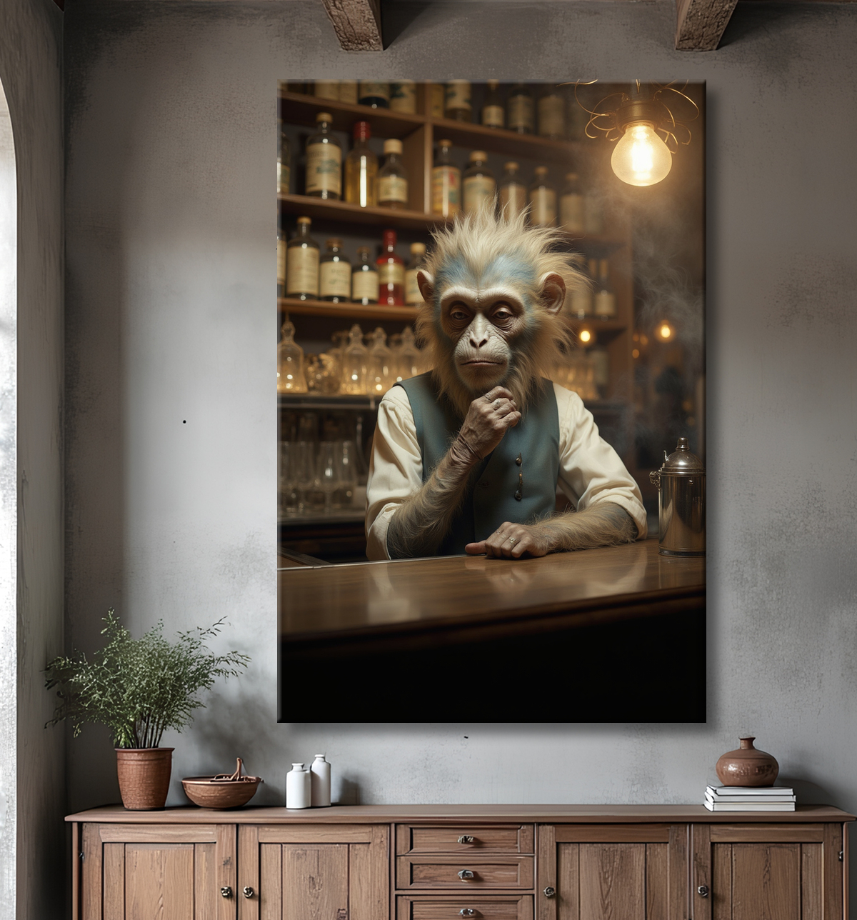 Tableau d'un singe serveur de bar ! avec decor