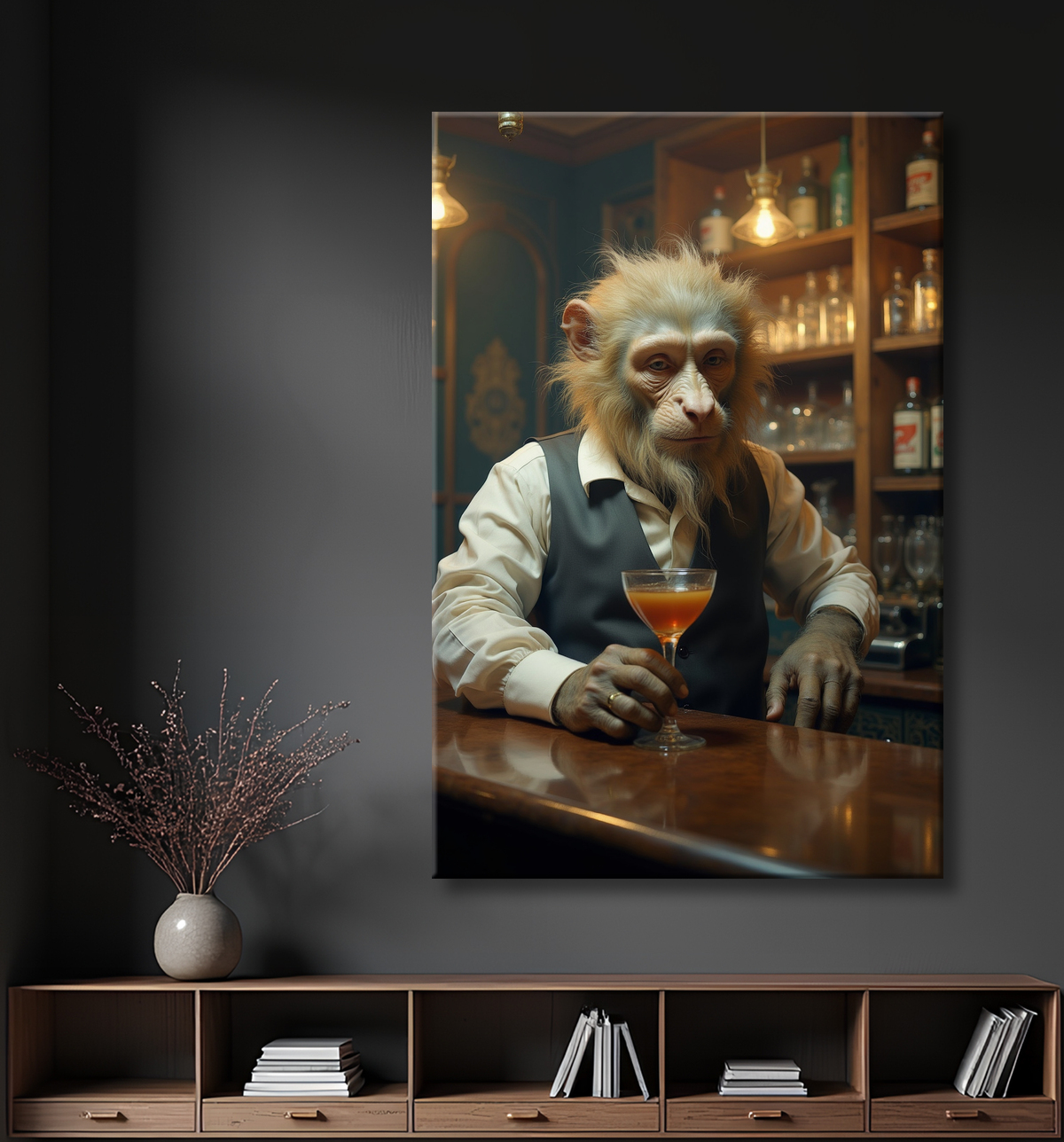 Tableau d'un singe serveur de bar ! avec decor