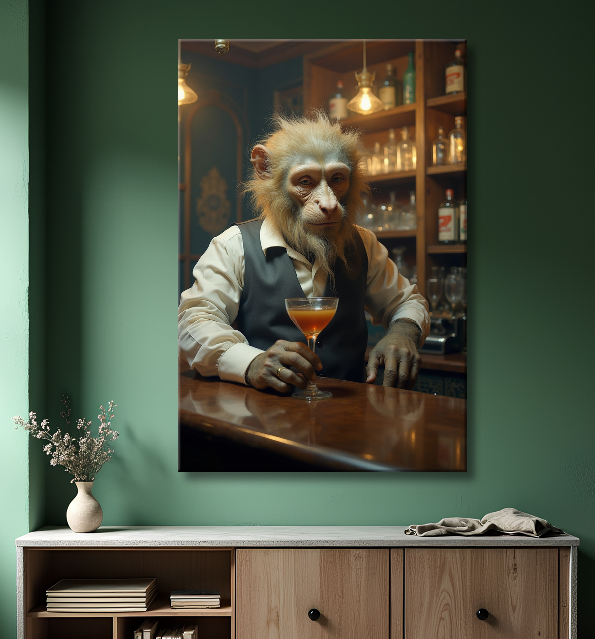 Tableau d'un singe serveur de bar ! avec decor