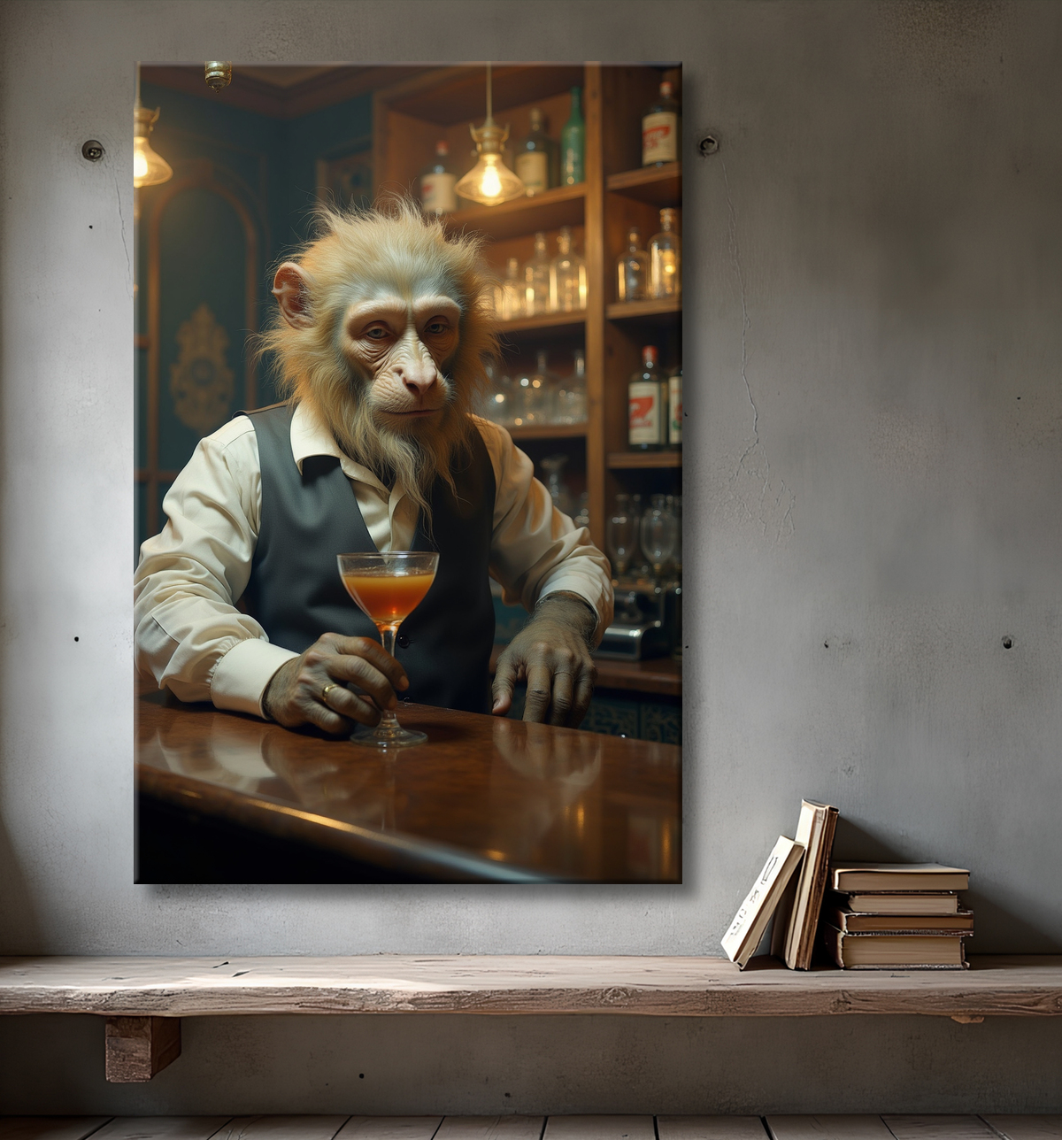 Tableau d'un singe serveur de bar ! avec decor