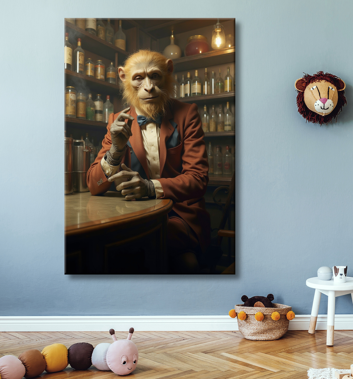 Tableau d'un singe serveur de bar ! avec decor