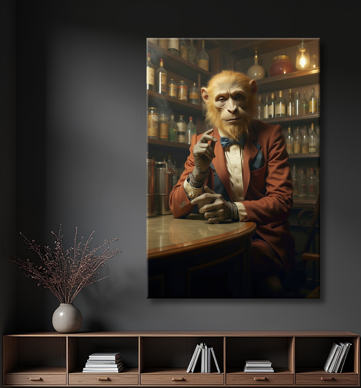 Tableau d'un singe serveur de bar ! avec decor