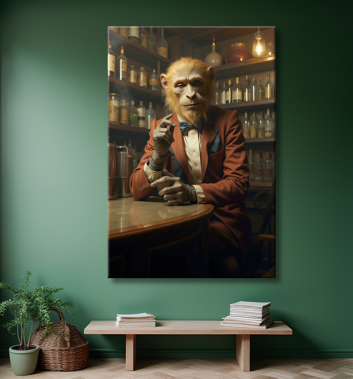 Tableau d'un singe serveur de bar ! avec decor