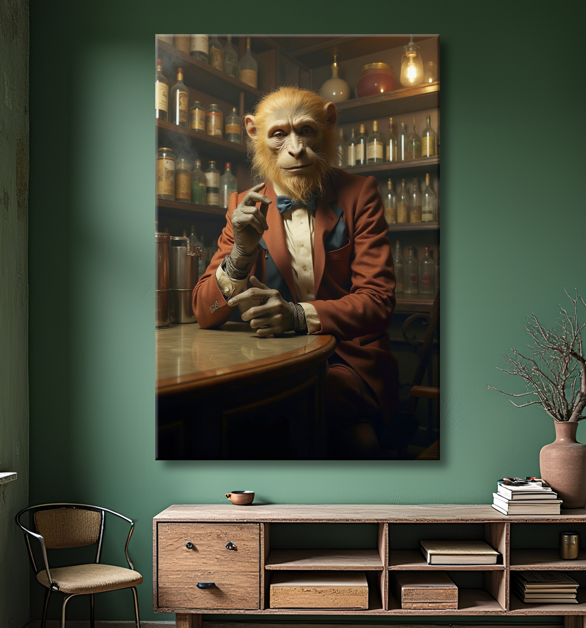 Tableau d'un singe serveur de bar ! avec decor