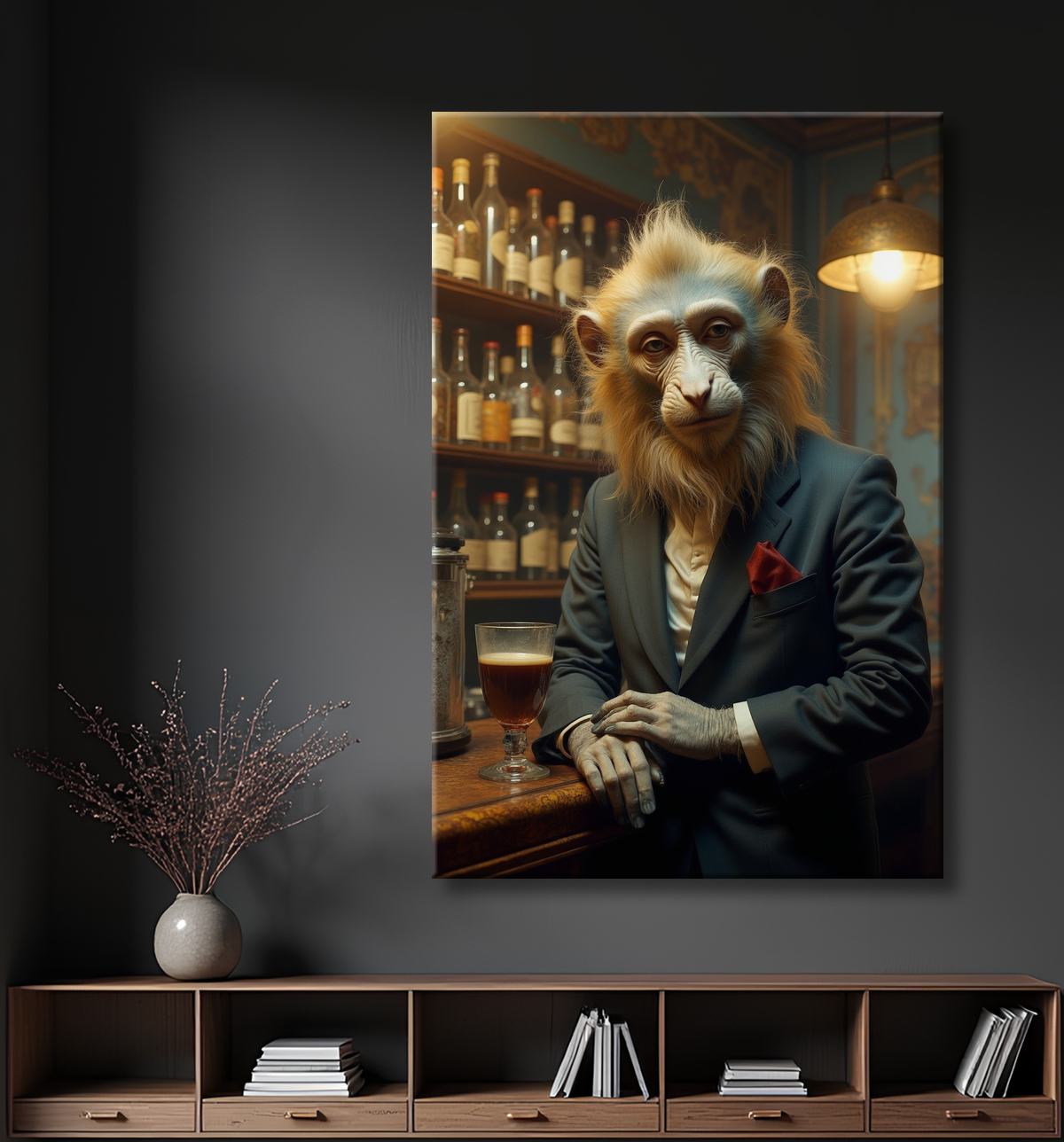 Tableau d'un singe serveur de bar ! avec decor