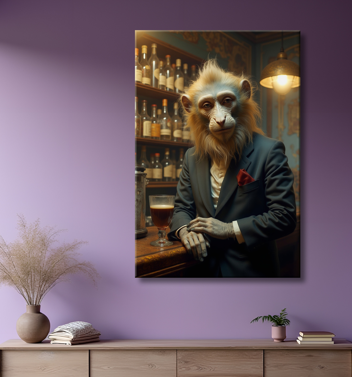 Tableau d'un singe serveur de bar ! avec decor
