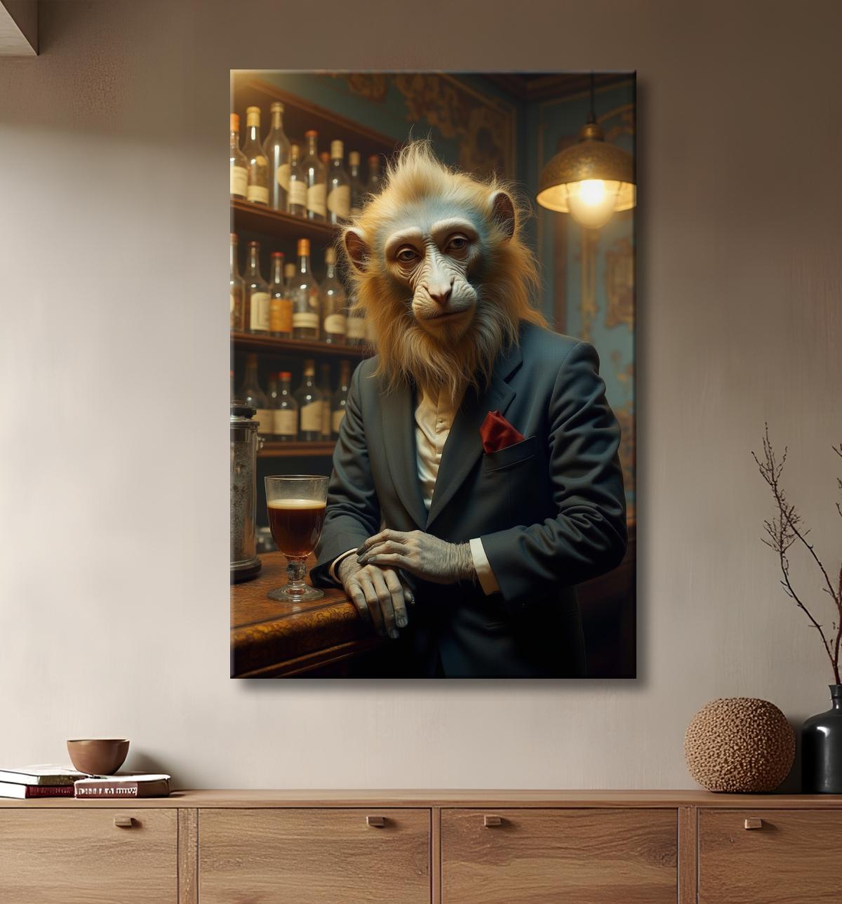 Tableau d'un singe serveur de bar ! avec decor