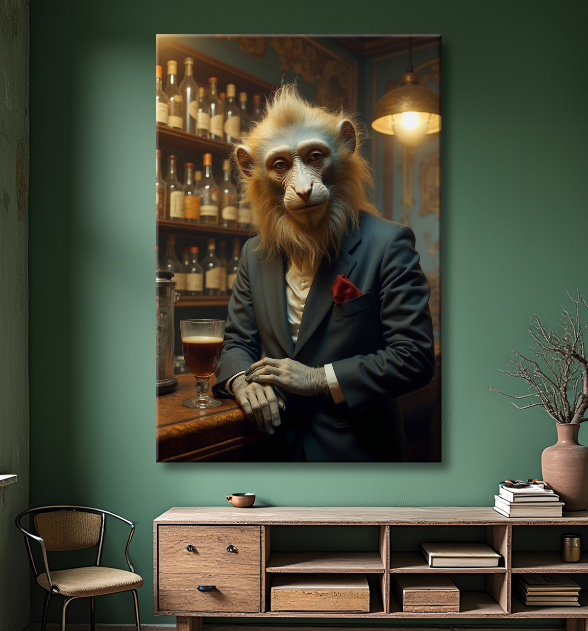 Tableau d'un singe serveur de bar ! avec decor