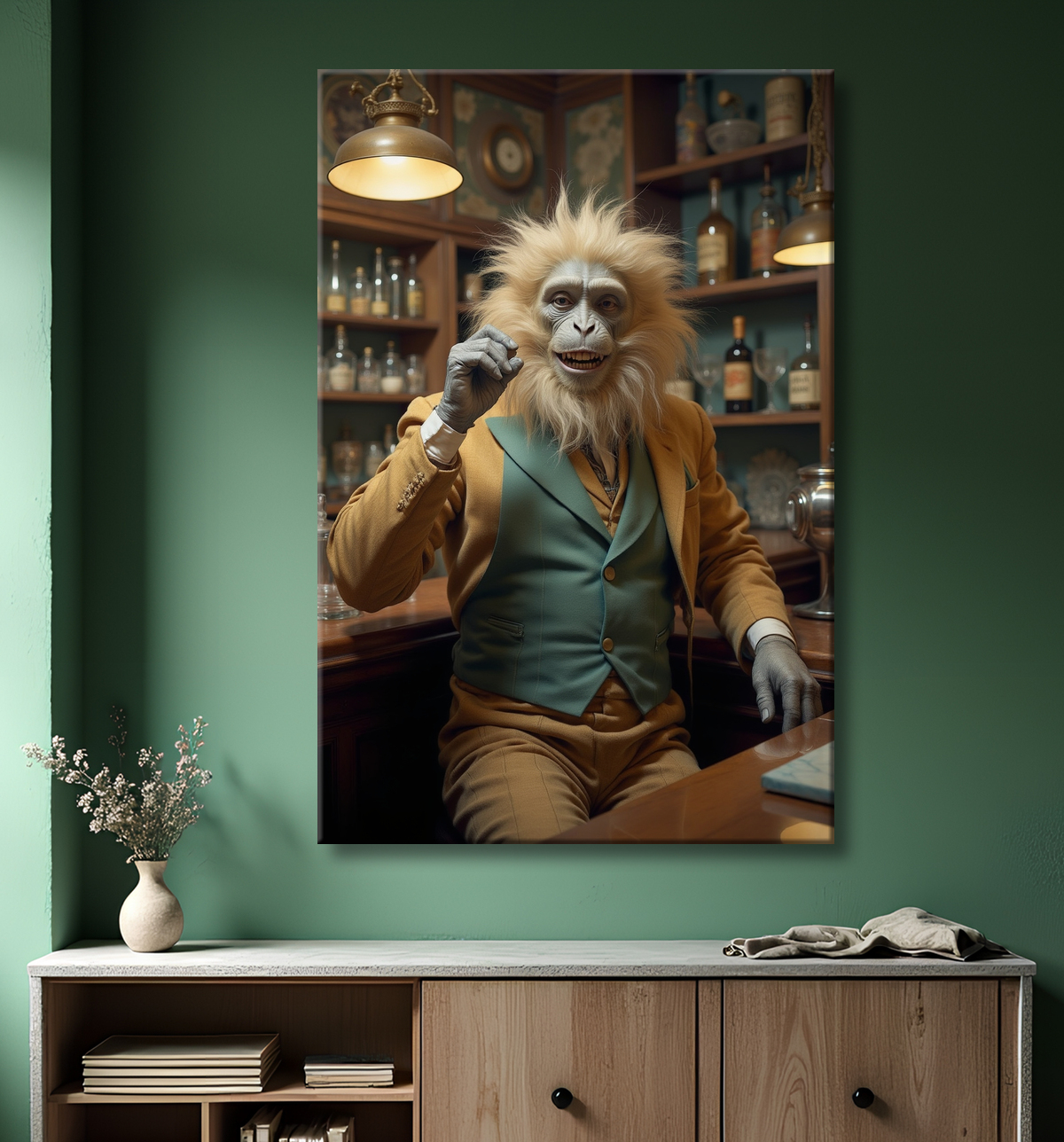Tableau d'un singe serveur de bar ! avec decor