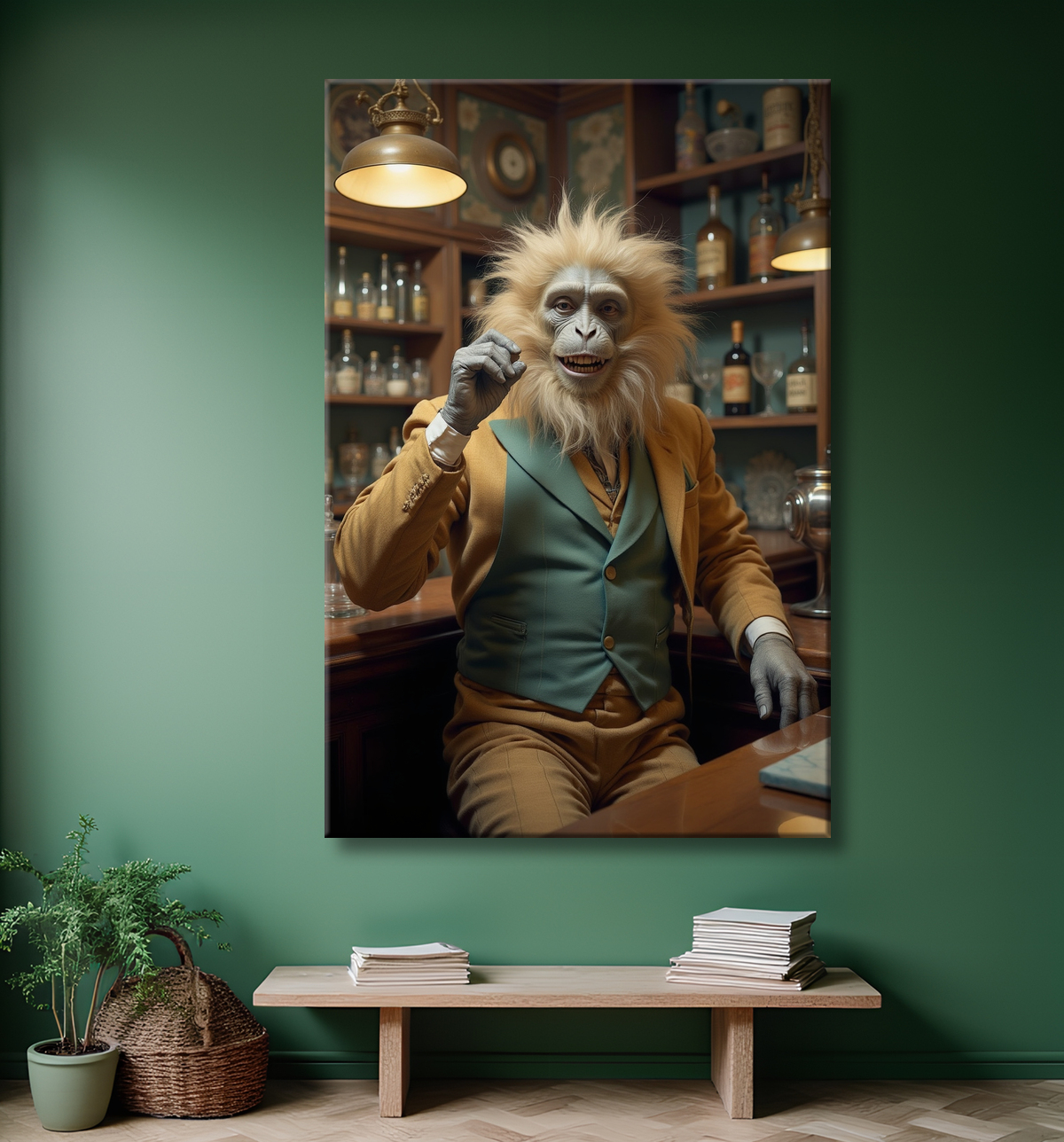 Tableau d'un singe serveur de bar ! avec decor