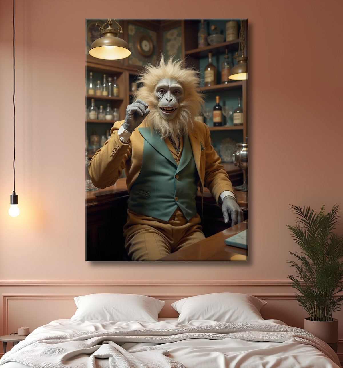 Tableau d'un singe serveur de bar ! avec decor